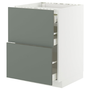 METOD / MAXIMERA Base cab f hob/2 fronts/3 drawers, white/Nickebo matt grey-green, 60x60 cm