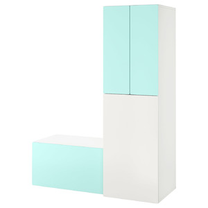 SMÅSTAD Wardrobe with pull-out unit, white pale turquoise/with storage bench, 150x57x196 cm