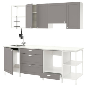 ENHET Kitchen, white/grey frame, 243x63.5x222 cm