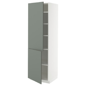 METOD High cabinet with shelves/2 doors, white/Nickebo matt grey-green, 60x60x220 cm