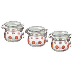 KORKEN Jar with lid, clear glass patterned/bright orange, 13 cl