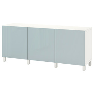 BESTÅ Storage combination with doors, white Selsviken/Stubbarp, high-gloss light grey-blue, 180x42x74 cm