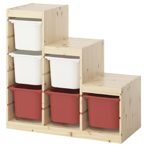 TROFAST Storage combination with boxes, light white stained pine white/red, 94x44x91 cm