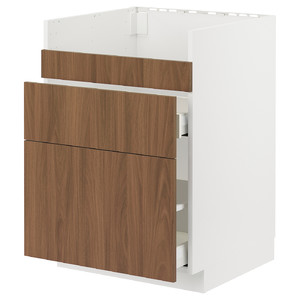 METOD/MAXIMERA Base cb f HAVSEN snk/3 frnts/2 drws, white/Tistorp brown walnut effect,  60x60 cm