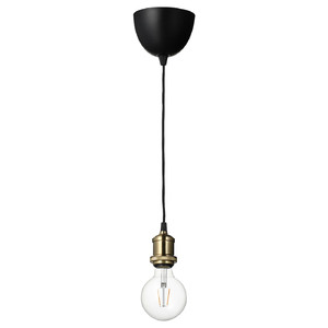 JÄLLBY / LUNNOM Pendant lamp with light bulb, brass-plated globe/clear