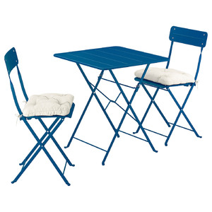 SUNDSÖ Table and 2 folding chairs, outdoor dark blue/dark blue Kuddarna light grey-beige, 65x65 cm