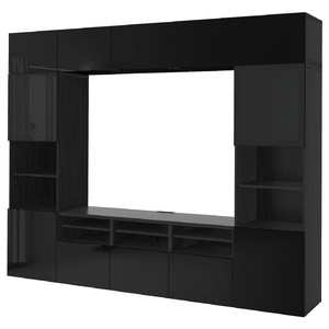 BESTÅ TV storage combination/glass doors, black-brown/Selsviken high-gloss/black smoked glass, 300x42x231 cm