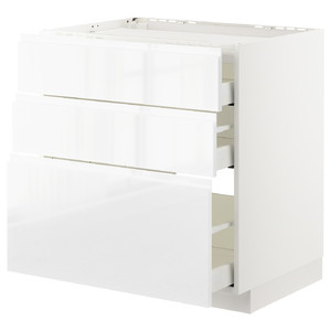 METOD / MAXIMERA Base cab f hob/3 fronts/3 drawers, white/Voxtorp high-gloss/white, 80x60 cm