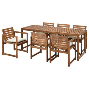 NÄMMARÖ Table+6 chairs with armrests, outdoor, light brown stain/Kuddarna beige