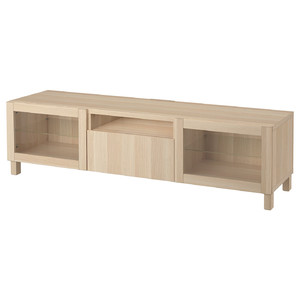 BESTÅ TV bench, white stained oak effect/Lappviken/Stubbarp white stained oak eff clear glass, 180x42x48 cm