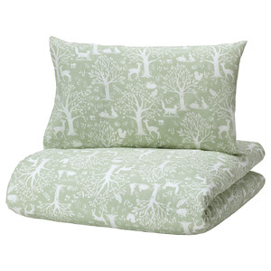TROLLDOM Duvet cover 1 pillowcase for cot, forest animal pattern/green, 110x125/35x55 cm