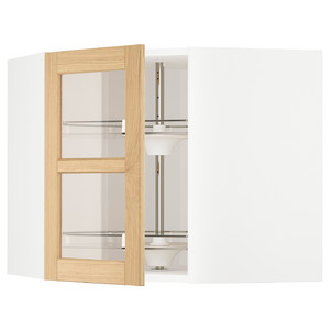 METOD Corner wall cab w carousel/glass dr, white/Forsbacka oak, 68x60 cm