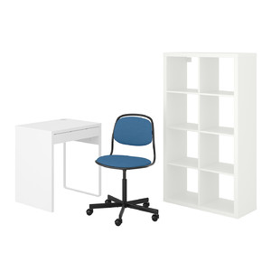 MICKE/ÖRFJÄLL / KALLAX Desk and storage combination, and swivel chair white/blue/black