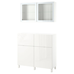 BESTÅ Storage combination w doors/drawers, white/Selsviken/Stubbarp high-gloss/white clear glass, 120x42x213 cm