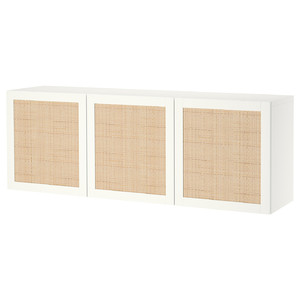 BESTÅ Wall-mounted cabinet combination, white Studsviken/white woven poplar, 180x42x64 cm