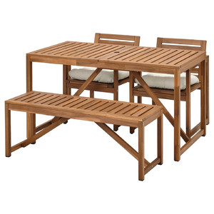 NÄMMARÖ Table+2 chairs+bench, outdoor, light brown stain/Kuddarna beige