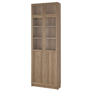 BILLY / OXBERG Bookcase with glass doors, oak effect/clear glass, 80x30x237 cm