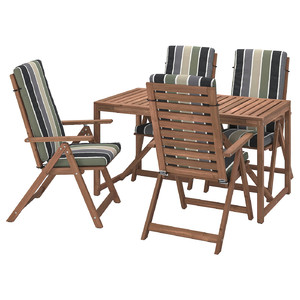 NÄMMARÖ Table+4 reclining chairs, outdoor, light brown stained/Frösön/Duvholmen stripe pattern