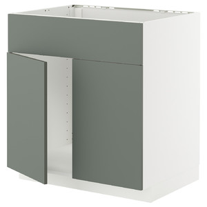 METOD Base cabinet f sink w 2 doors/front, white/Nickebo matt grey-green, 80x60 cm