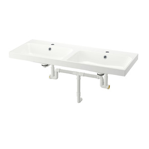 BACKSJÖN Double wash-basin with water trap, white, 120x48 cm
