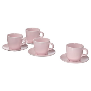 FÄRGKLAR Cup with saucer, matt light pink, 25 cl, 4 pack