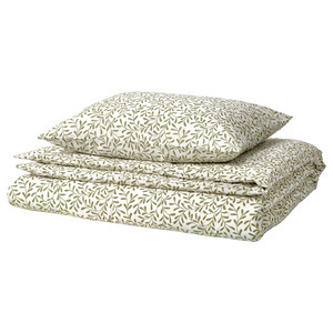 SORGMANTEL Duvet cover and pillowcase, white/green, 150x200/50x60 cm