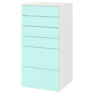 SMÅSTAD / PLATSA Chest of 6 drawers, white, pale turquoise, 60x55x123 cm