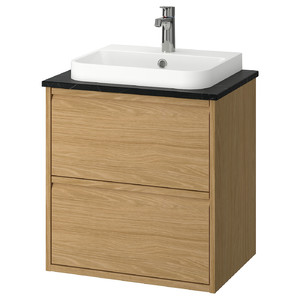 ÄNGSJÖN / BACKSJÖN Wash-stnd w drawers/wash-basin/tap, oak effect/black marble effect, 62x49x71 cm
