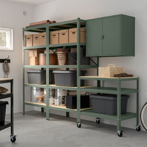 BROR Storage w shelves/cabinet/trolley, grey-green/pine plywood