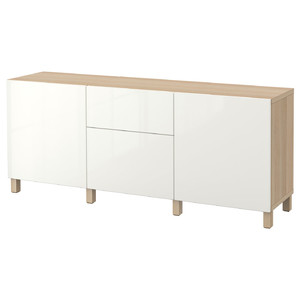 BESTÅ Storage combination with drawers, white stained oak effect/Selsviken/Stubbarp high-gloss/white, 180x42x74 cm