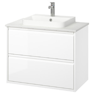 ÄNGSJÖN / BACKSJÖN Wash-stnd w drawers/wash-basin/tap, high-gloss white/white marble effect, 82x49x71 cm