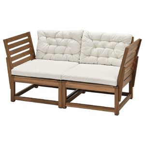 NÄMMARÖ 2-seat modular sofa, outdoor, armrests light brown stained/Kuddarna light grey-beige