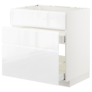 METOD / MAXIMERA Base cab f sink+3 fronts/2 drawers, white, Voxtorp high-gloss/white, 80x60 cm