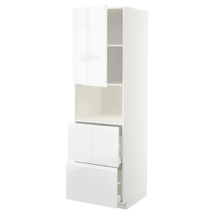 METOD / MAXIMERA Hi cab f micro w door/2 drawers, white/Voxtorp high-gloss/white, 60x60x200 cm