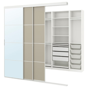 SKYTTA / PAX Walk-in wardrobe with sliding doors, white Mehamn/Auli/beige mirror glass, 251x115x240 cm