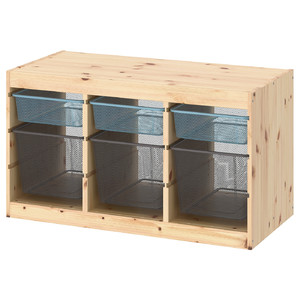 TROFAST Storage combination with boxes, light white stained pine grey-blue/dark grey, 93x44x52 cm