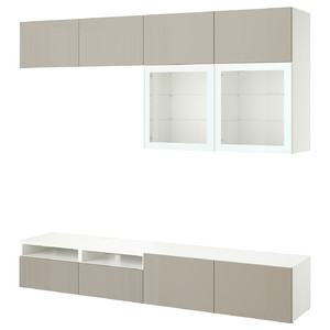 BESTÅ TV storage combination/glass doors, white/Selsviken high-gloss/beige frosted glass, 240x42x231 cm