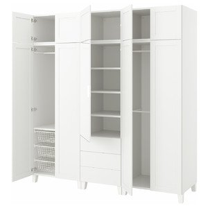 PLATSA Wardrobe with 10 doors + 3 drawers, white STRAUMEN mirror glass /SANNIDAL white, 220x57x231 cm