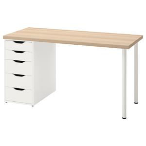 LAGKAPTEN / ALEX Desk, white stained oak effect/white, 140x60 cm