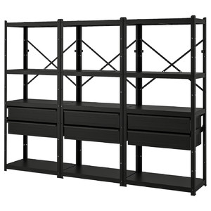 BROR Shelving unit with drawers/shelves, black, 254x40x190 cm