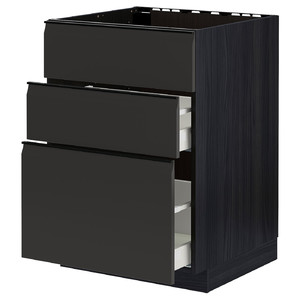 METOD / MAXIMERA Base cab f sink+3 fronts/2 drawers, black/Upplöv matt anthracite, 60x60 cm