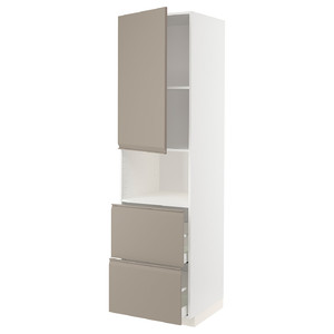 METOD / MAXIMERA Hi cab f micro w door/2 drawers, white/Upplöv matt dark beige, 60x60x220 cm