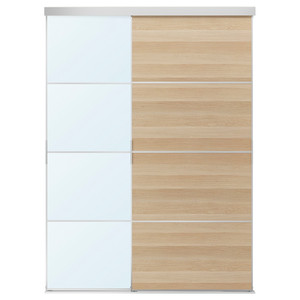 SKYTTA / MEHAMN/AULI Sliding door combination, aluminium double sided/white stained oak effect mirror glass, 177x240 cm