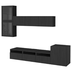 BESTÅ TV storage combination/glass doors, black-brown/Lappviken black-brown clear glass, 300x42x211 cm