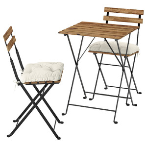 TÄRNÖ Table+2 chairs, outdoor, black/light brown stained foldable/foldable Kuddarna light grey-beige, 55x54 cm