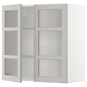 METOD Wall cabinet w shelves/2 glass drs, white/Lerhyttan light grey, 80x80 cm