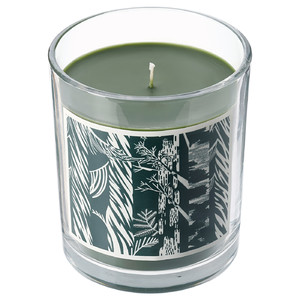 JÄMTSKOGEN Scented candle in glass, cypress & eucalyptus/dark green, 45 hr