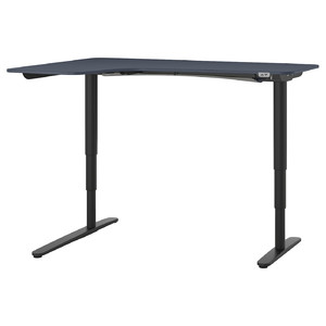 BEKANT Corner desk left sit/stand, Linoleum blue, black, 160x110 cm