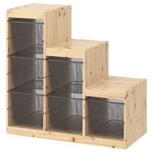 TROFAST Storage combination with boxes, light white stained pine/dark grey, 94x44x91 cm