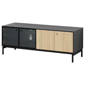 BOASTAD TV bench, black/oak veneer, 121x42 cm